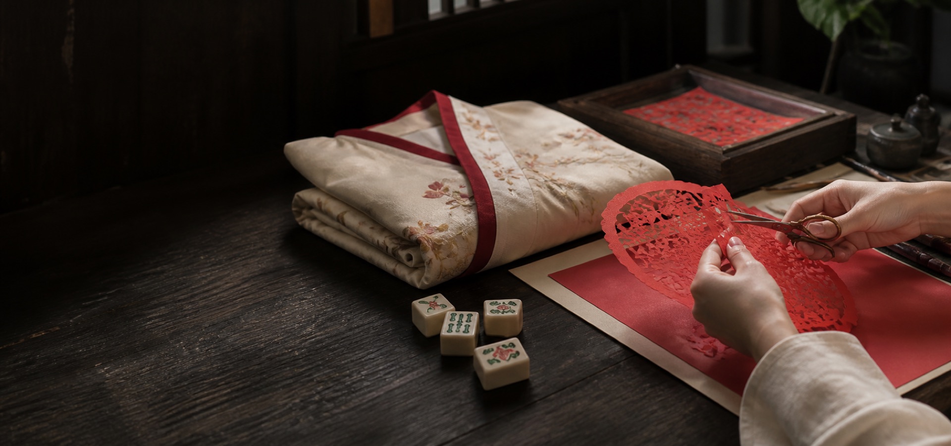 Red paper cutting, folded textile, and mahjong tiles arranged on a dark research table.