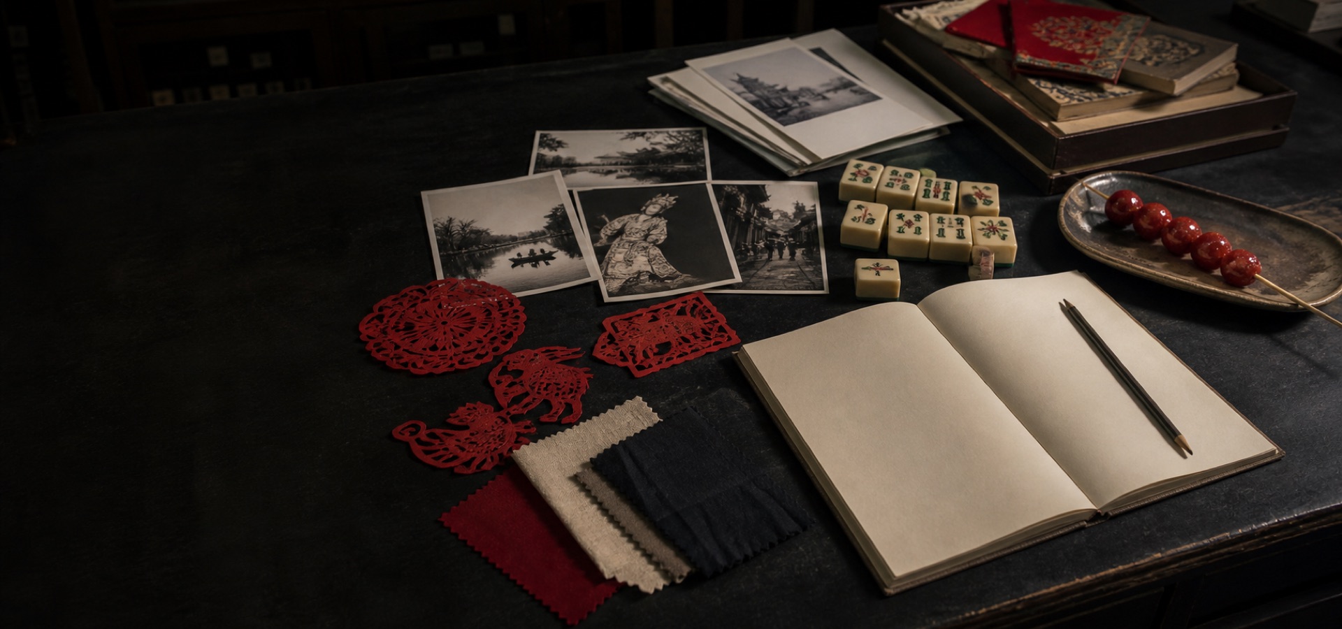Photographs, paper cuttings, textiles, tanghulu, and mahjong tiles assembled as a cultural research collection.