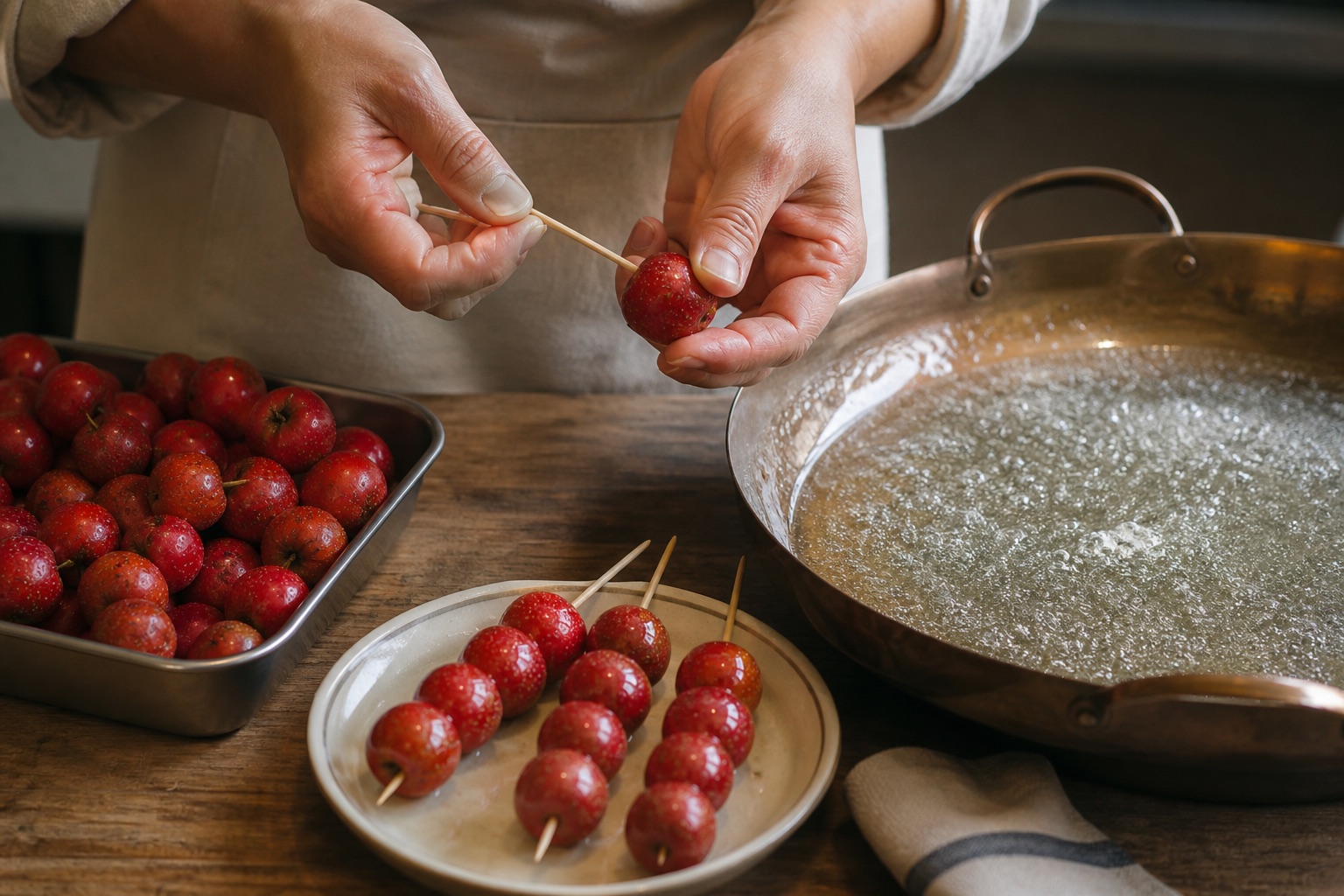 Hands threading red fruit onto bamboo skewers beside a pan of sugar syrup.