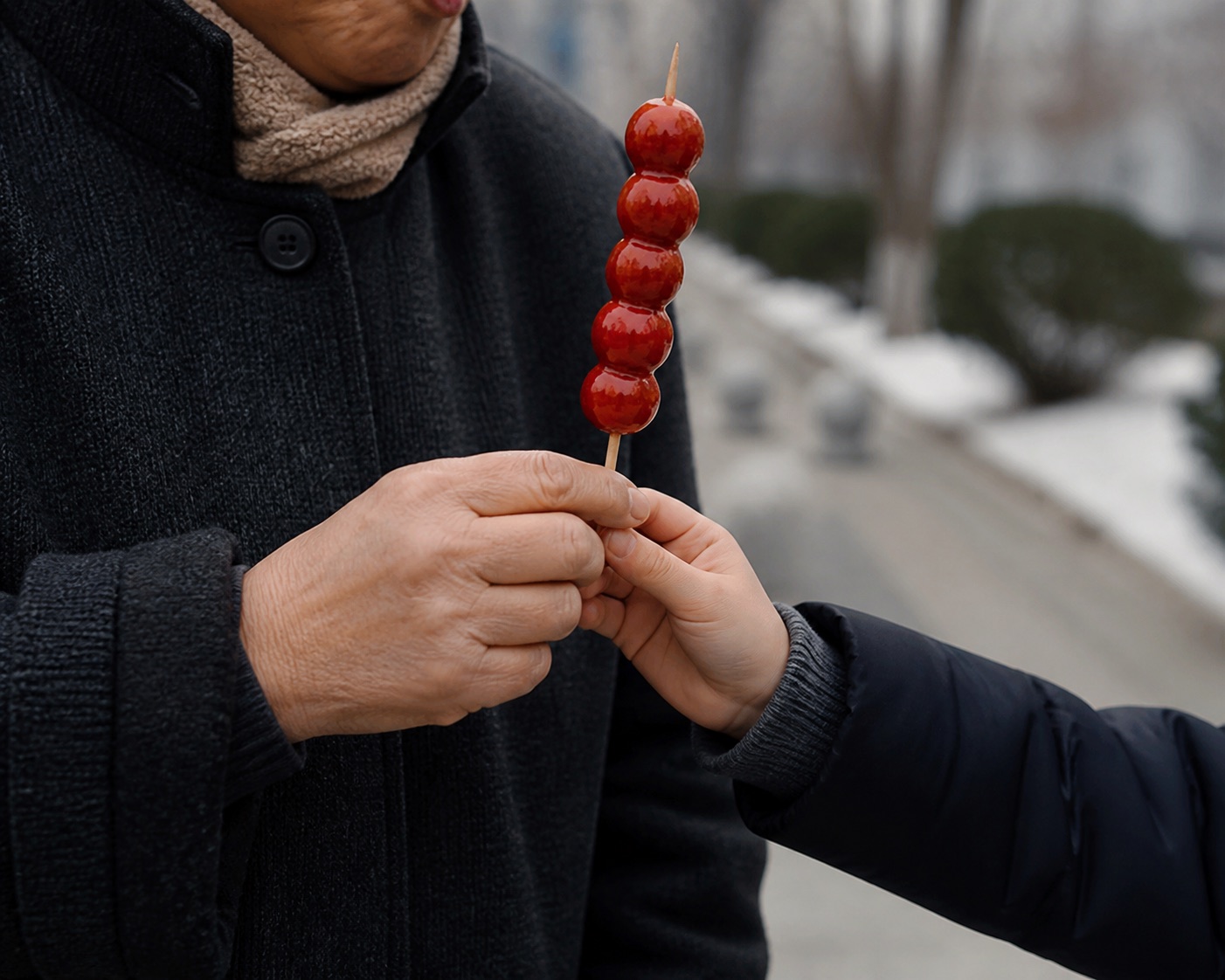 An older adult and a child sharing a tanghulu skewer during a winter outing.