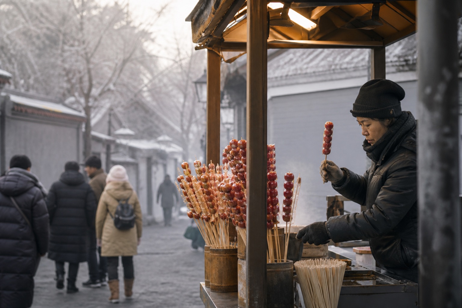 A tanghulu vendor arranging skewers at a winter street stall while people pass in the background.