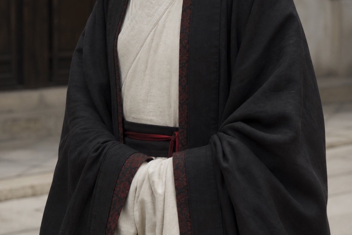 Close view of layered black and ivory fabric with a restrained deep-red edge.