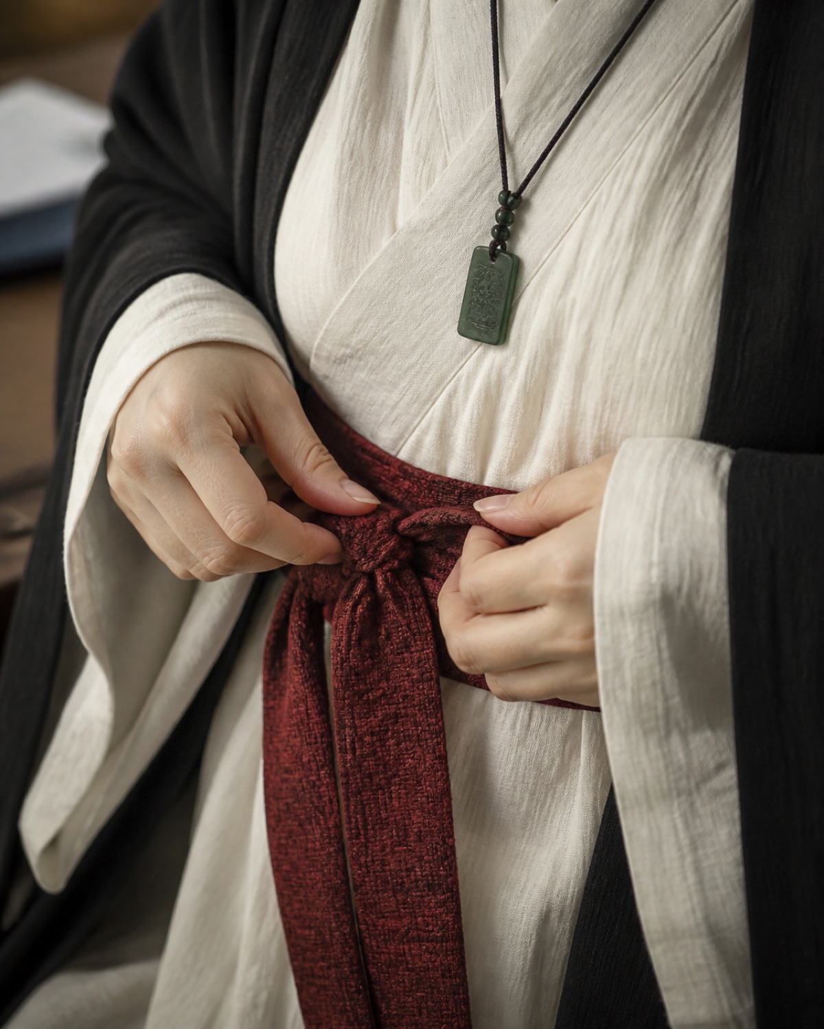 Hands fastening a woven red sash and simple pendant over layered ivory and charcoal fabric.