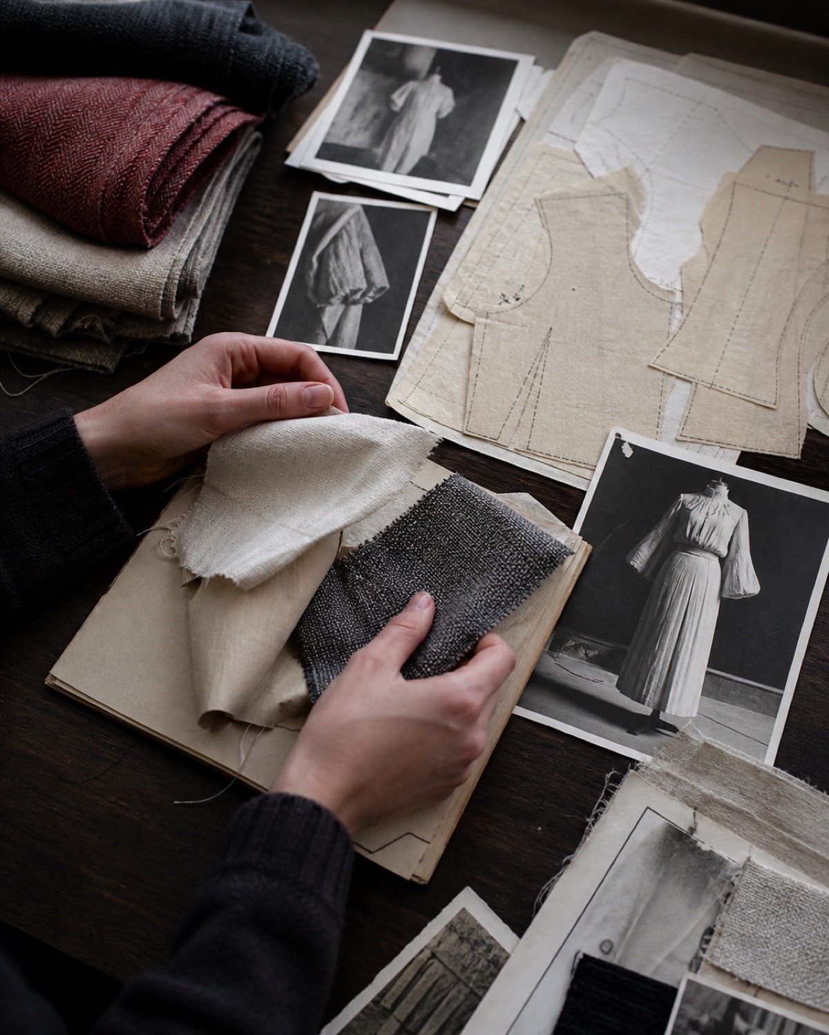 Hands comparing layered fabric samples and drawn garment details on a research table.