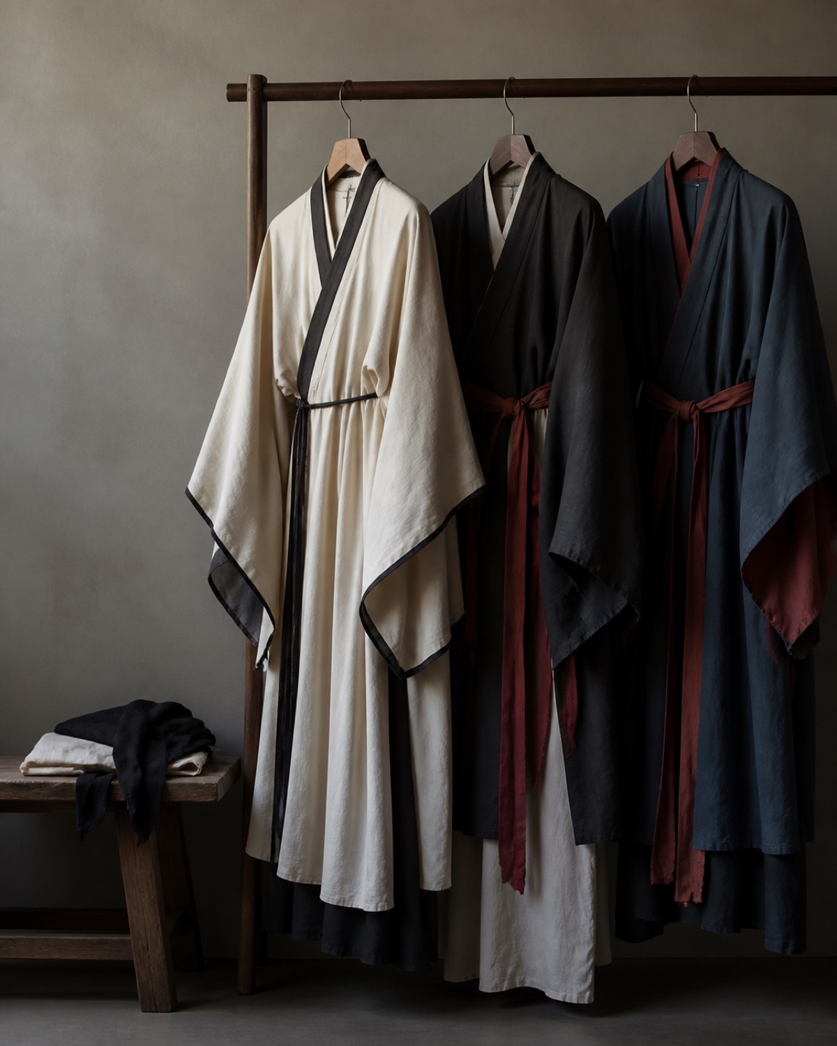 Three distinct layered garments displayed on a simple rack for comparative study.