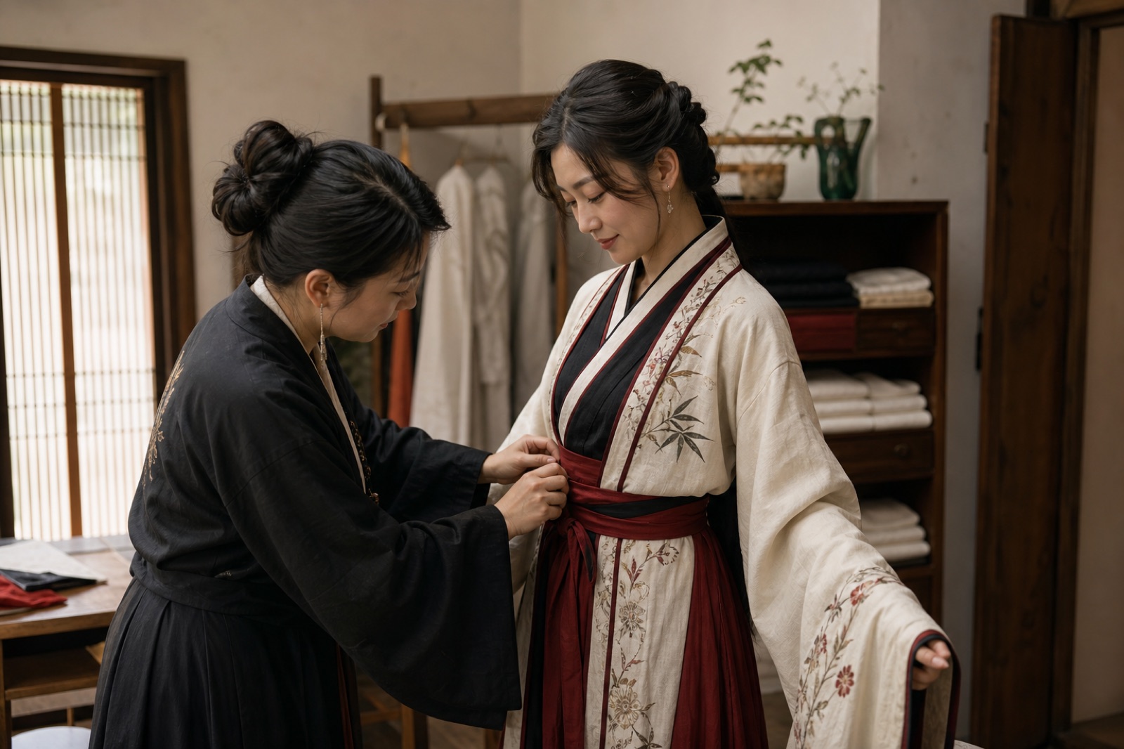 One person carefully adjusting the collar of another person's layered garment in a courtyard.