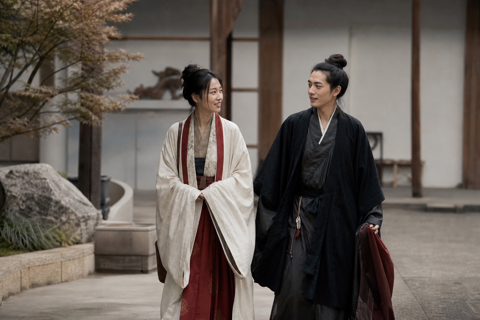 Two people in restrained contemporary hanfu-inspired clothing walking together through a quiet courtyard.