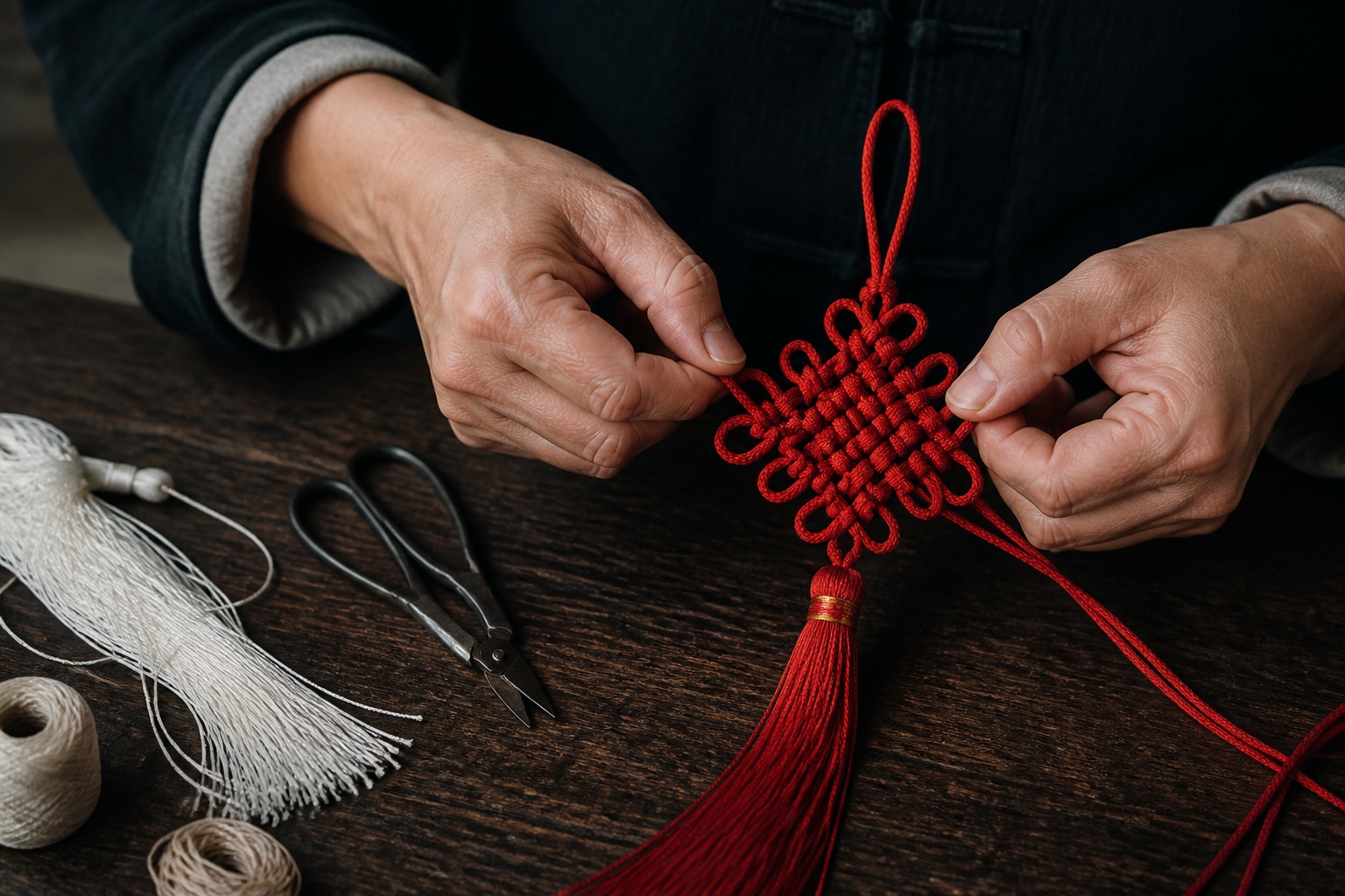 An artisan tying an intricate red silk Chinese knot on a dark wooden worktable.