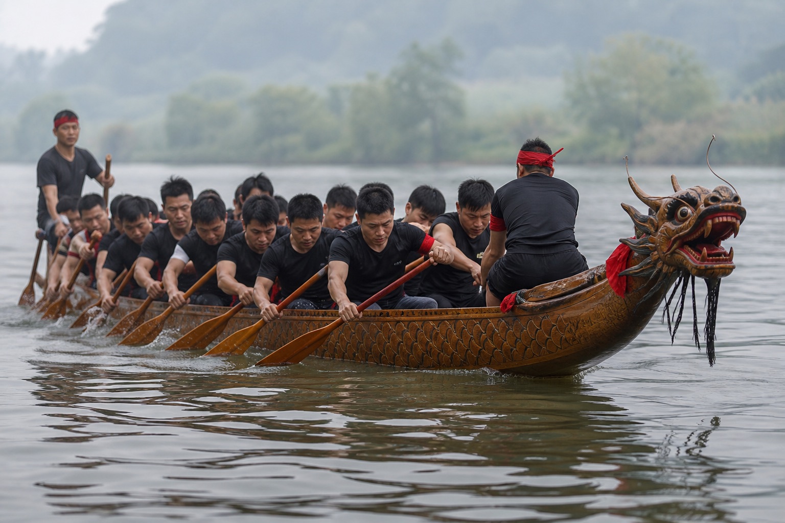 A dragon boat team paddling in coordinated rhythm across calm water.