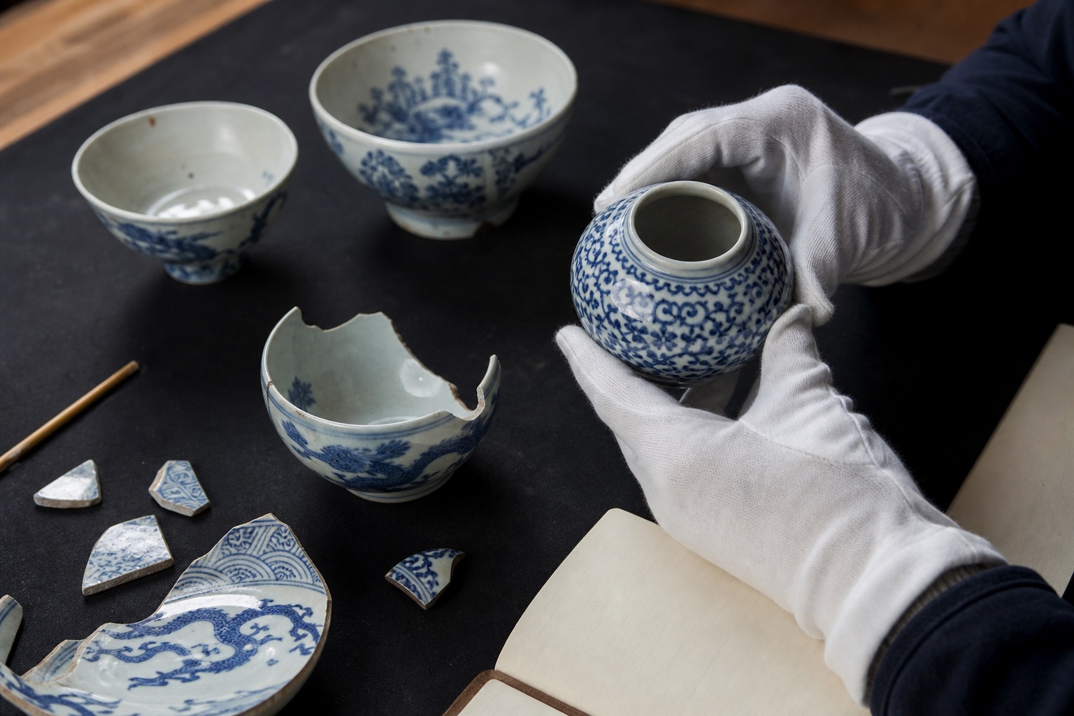 Cotton-gloved hands examining blue-and-white porcelain vessels and fragments on an archive table.