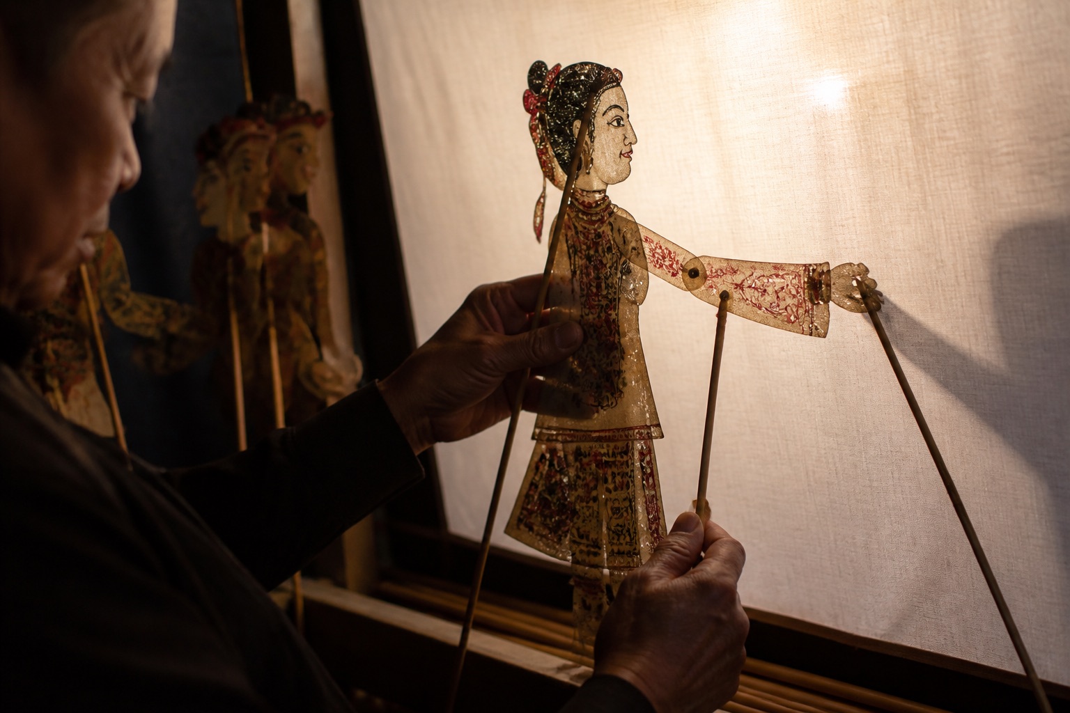 An artisan holding an articulated translucent shadow puppet before a softly lit screen.