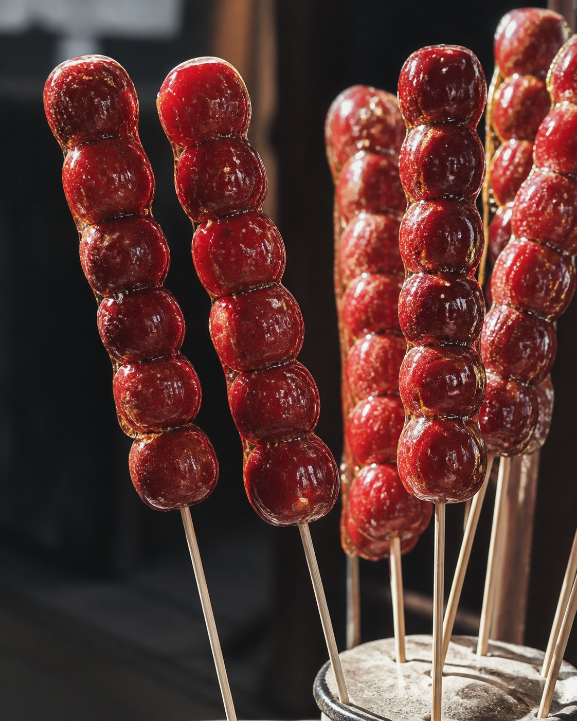 Glossy hawthorn tanghulu skewers in winter light.